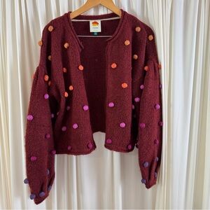 Farm Rio Burgundy Rainbow Dots Balloon Sleeve Open Cardigan Colorful Pom Poms